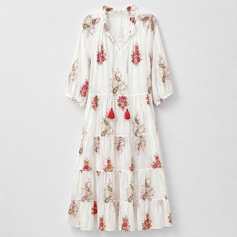 Dolma Maxi Dress Women XL White Cotton Paisley Floral Tiered Cotton Boho Cottage